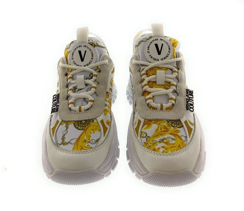 Versace Jeans Couture Womens Chunky White Print Sneakers with Gold Chain Motif