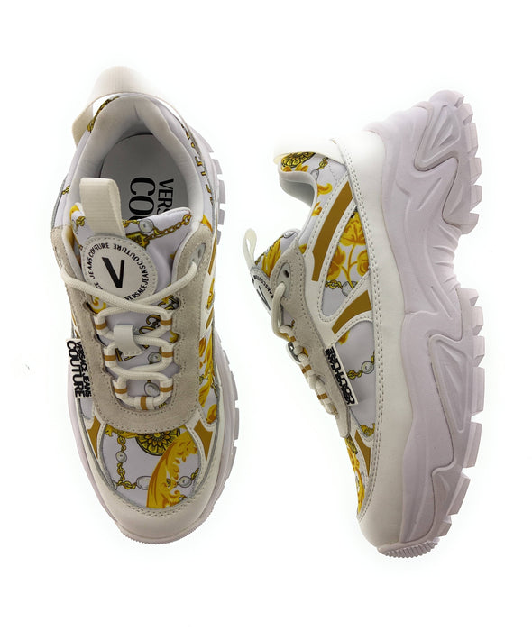 Versace Jeans Couture Womens Chunky White Print Sneakers with Gold Chain Motif