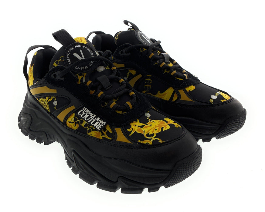 Versace Jeans Couture Womens Chunky Baroque Print Sneakers in Black & Gold