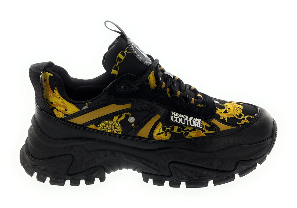 Versace Jeans Couture Womens Chunky Baroque Print Sneakers in Black & Gold