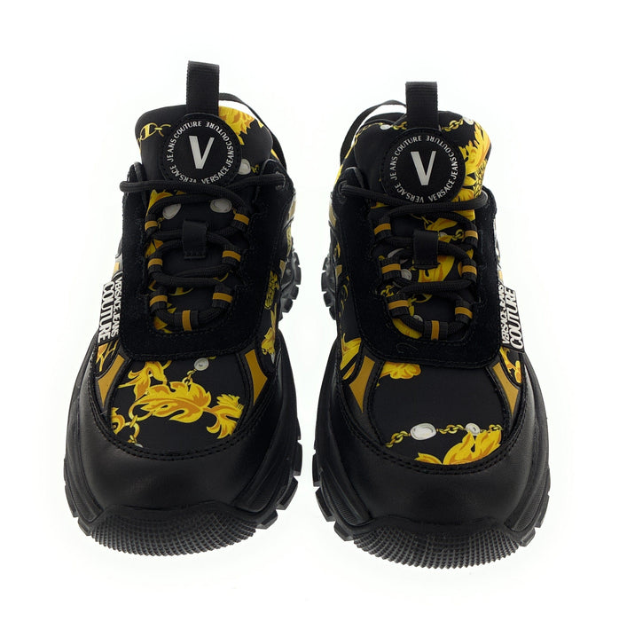 Versace Jeans Couture Womens Chunky Baroque Print Sneakers in Black & Gold