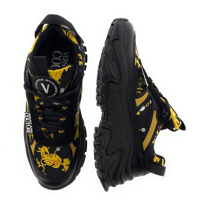 Versace Jeans Couture Womens Chunky Baroque Print Sneakers in Black & Gold