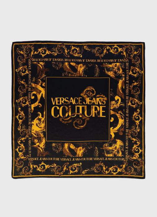 Versace Jeans Couture Baroque Print Silk Scarf – Iconic Gold-on-Black Elegance