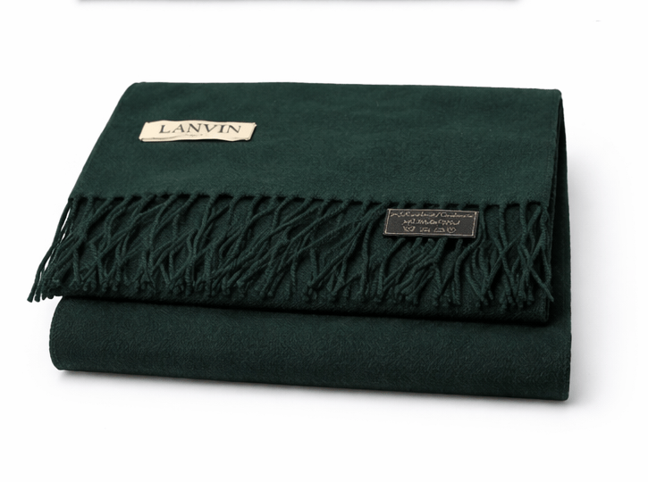 Lanvin Soft Luxurious Cashmere and Wool Green Fringe Scarf