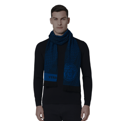 Versace Royal Blue Herringbone Mens Wool Scarf Made in Italy