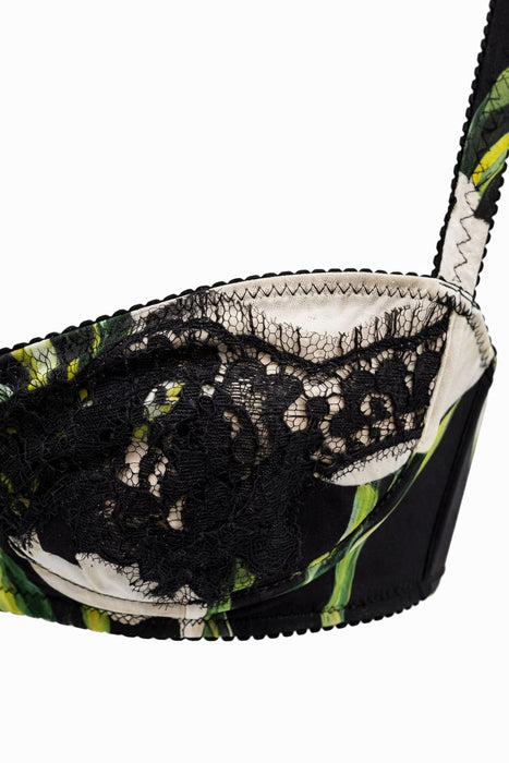 Dolce & Gabbana Green Floral & Black Lace Underwire Bra-34A