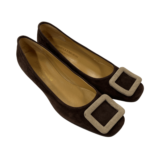 Defective/Store Return Daniela Fargion Brown Suede Square Buckle Shoes - 9