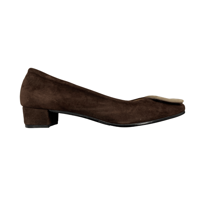 Defective/Store Return Daniela Fargion Brown Suede Square Buckle Shoes - 9