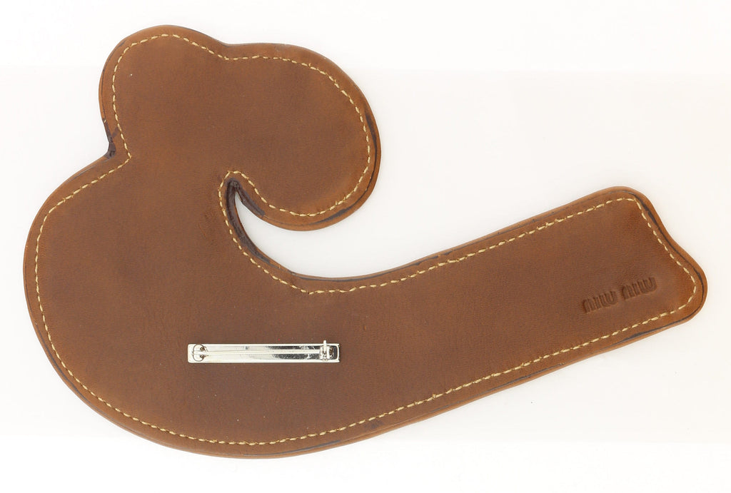 Miu Miu Brown Leather Wave Brooch Pin-One Size