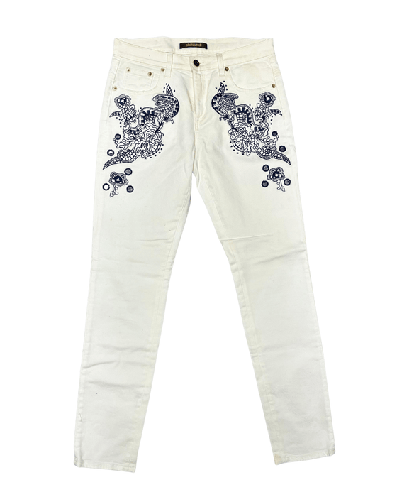 Defective Roberto Cavalli White Skinny Jeans with Navy Embroidery-IT 42