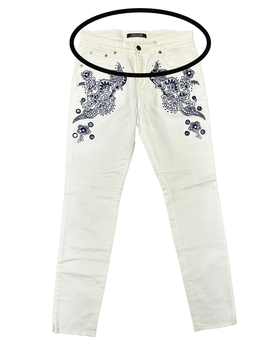 Defective Roberto Cavalli White Skinny Jeans with Navy Embroidery-IT 42
