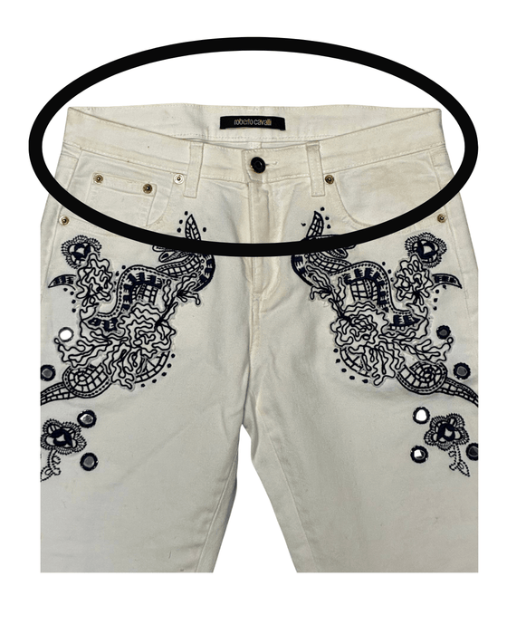 Defective Roberto Cavalli White Skinny Jeans with Navy Embroidery-IT 42