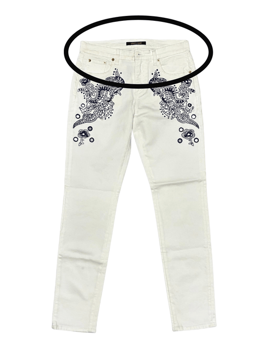 Defective Roberto Cavalli White Skinny Jeans with Navy Embroidery-IT 42