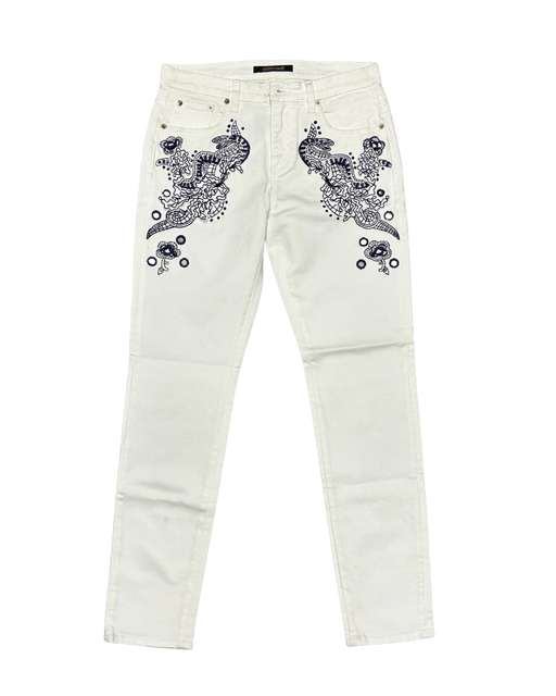 Defective Roberto Cavalli White Skinny Jeans with Navy Embroidery-IT 42
