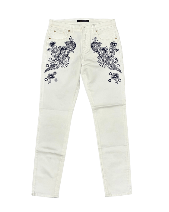 Defective Roberto Cavalli White Skinny Jeans with Navy Embroidery-IT 42