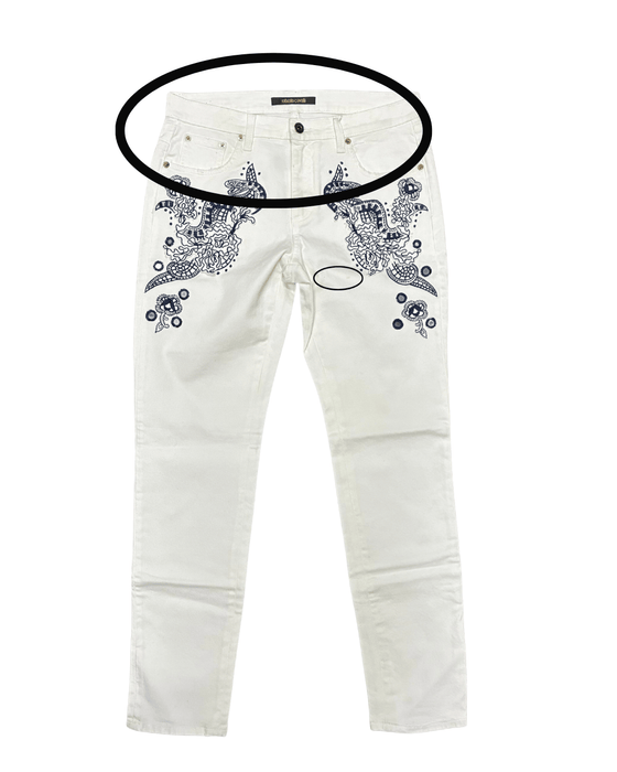 Defective Roberto Cavalli White Skinny Jeans with Navy Embroidery-IT 44