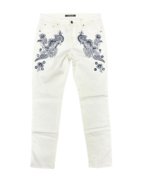 Defective Roberto Cavalli White Skinny Jeans with Navy Embroidery-IT 44