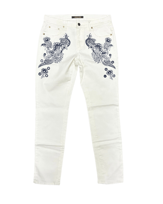 Defective Roberto Cavalli White Skinny Jeans with Navy Embroidery-IT 44