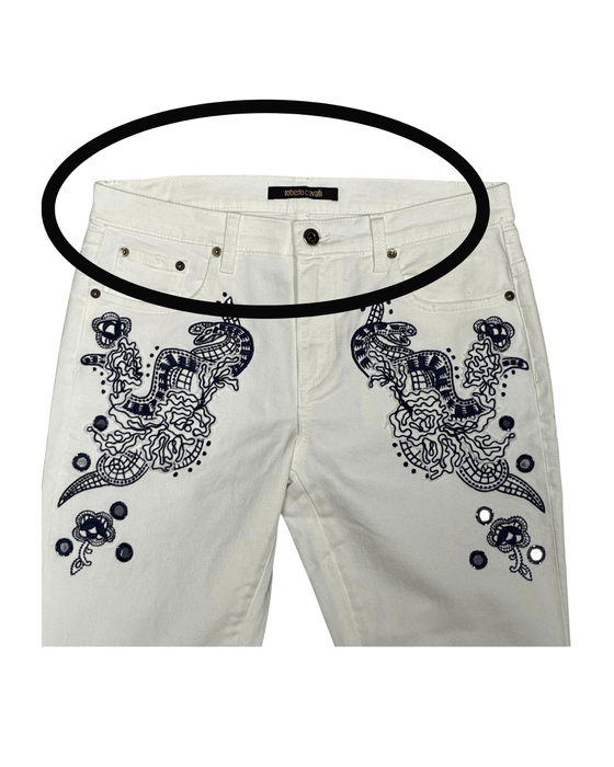 Defective Roberto Cavalli White Skinny Jeans with Navy Embroidery-IT 44