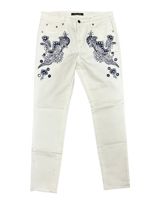 Defective Roberto Cavalli White Skinny Jeans with Navy Embroidery-IT 44