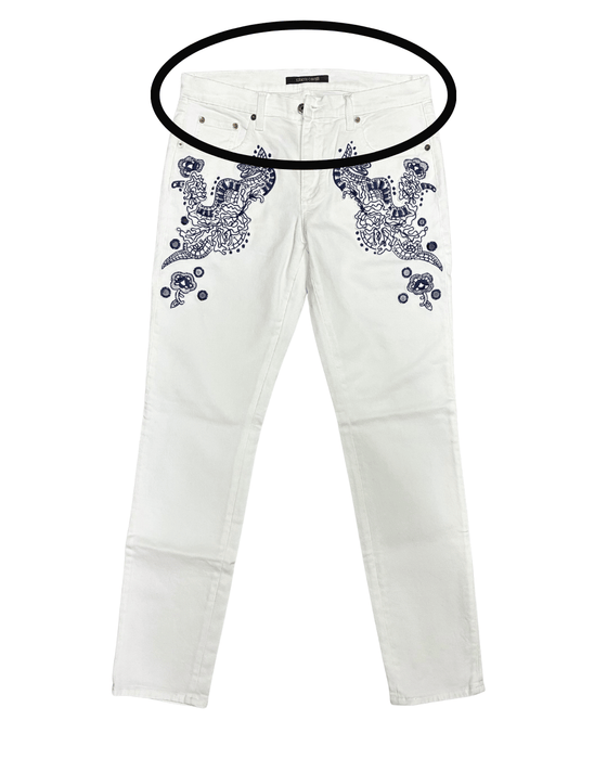 Defective Roberto Cavalli White Skinny Jeans with Navy Embroidery-IT 44