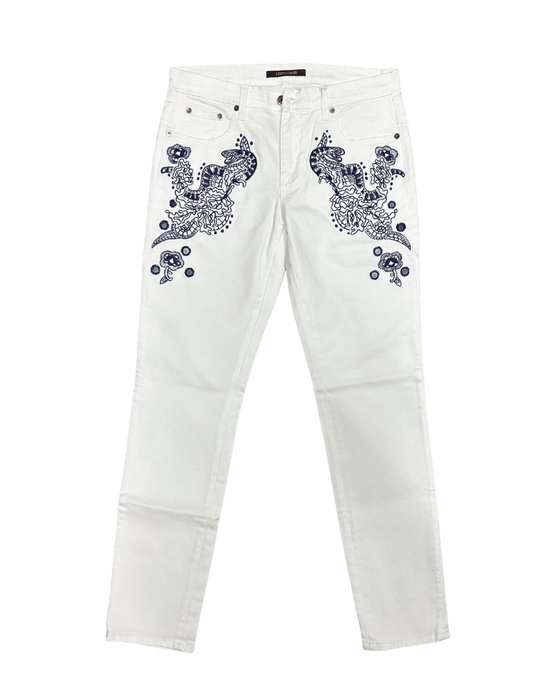 Defective Roberto Cavalli White Skinny Jeans with Navy Embroidery-IT 44