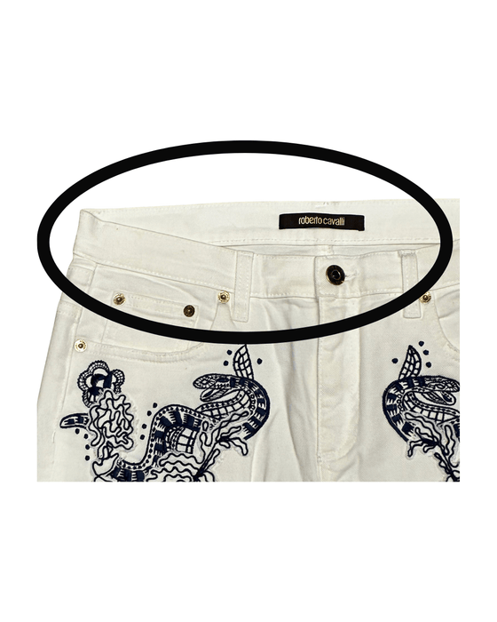 Defective Roberto Cavalli White Skinny Jeans with Navy Embroidery-IT 44