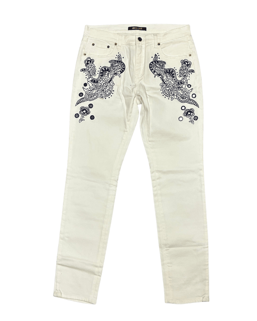 Defective Roberto Cavalli White Skinny Jeans with Navy Embroidery-IT 44