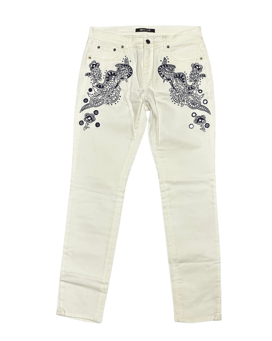 Defective Roberto Cavalli White Skinny Jeans with Navy Embroidery-IT 44