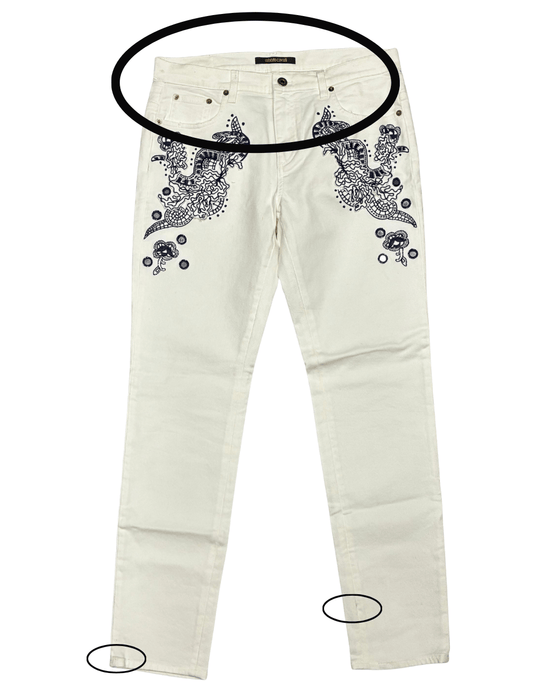 Defective Roberto Cavalli White Skinny Jeans with Navy Embroidery-IT 46