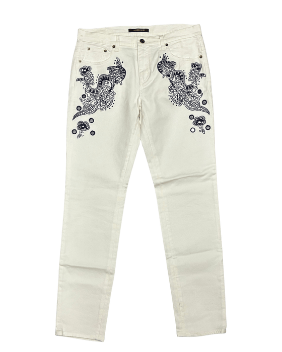 Defective Roberto Cavalli White Skinny Jeans with Navy Embroidery-IT 46