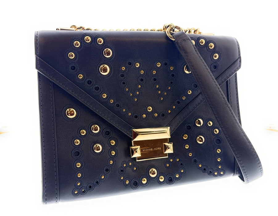 Michael Kors Navy Leather Studded Envelope Crossbody Clutch