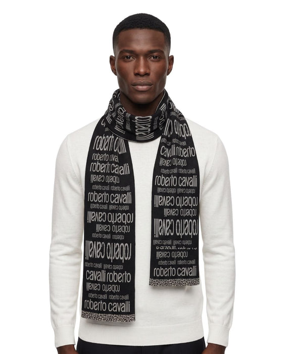 Roberto Cavalli Double-Sided Black & White Wool Blend Scarf