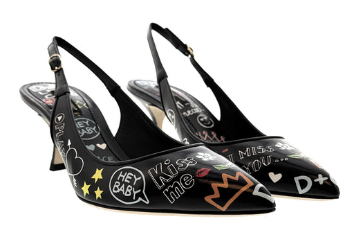 Dolce & Gabbana Black Classic T-Strap Graffiti Kitten Heels-EU39.5