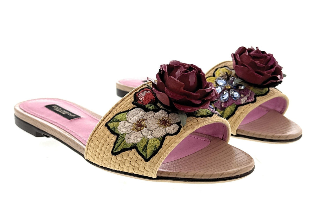Dolce & Gabbana Beige Rafia Floral Embellished Slippers-36