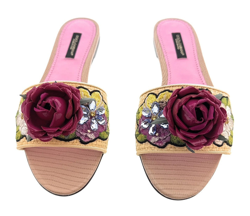 Dolce & Gabbana Beige Rafia Floral Embellished Slippers-36