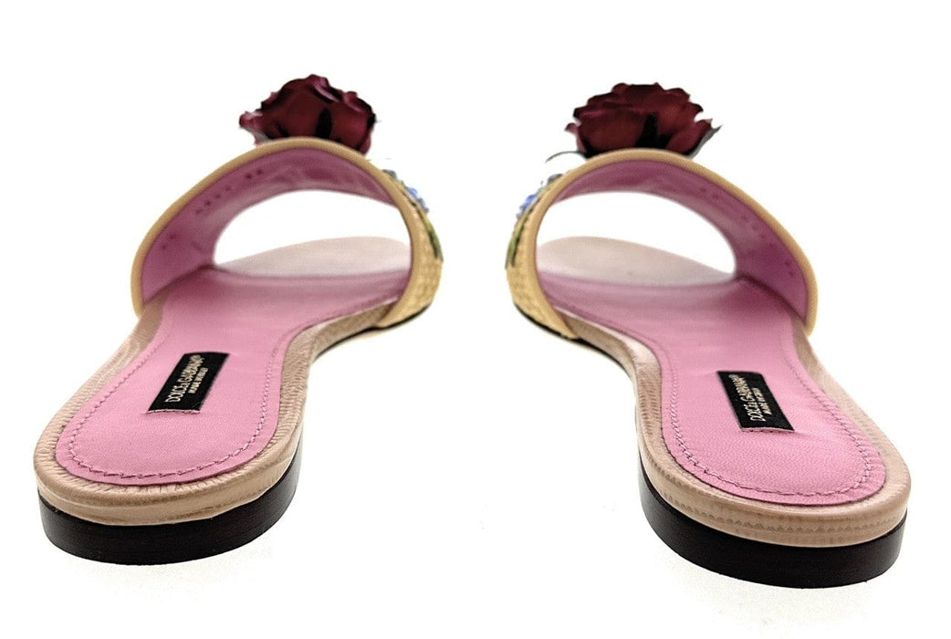 Dolce & Gabbana Beige Rafia Floral Embellished Slippers-36