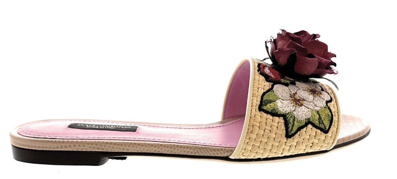 Dolce & Gabbana Beige Rafia Floral Embellished Slippers-36