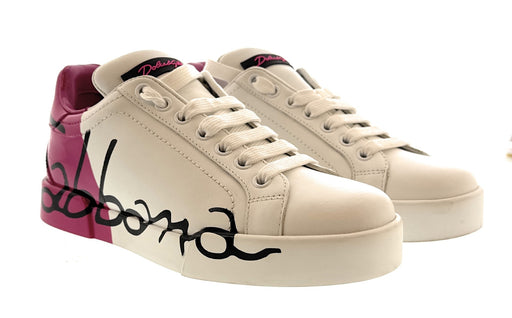 Dolce & Gabbana White Pink Graffiti Logo Leather Sneakers-EU35.5