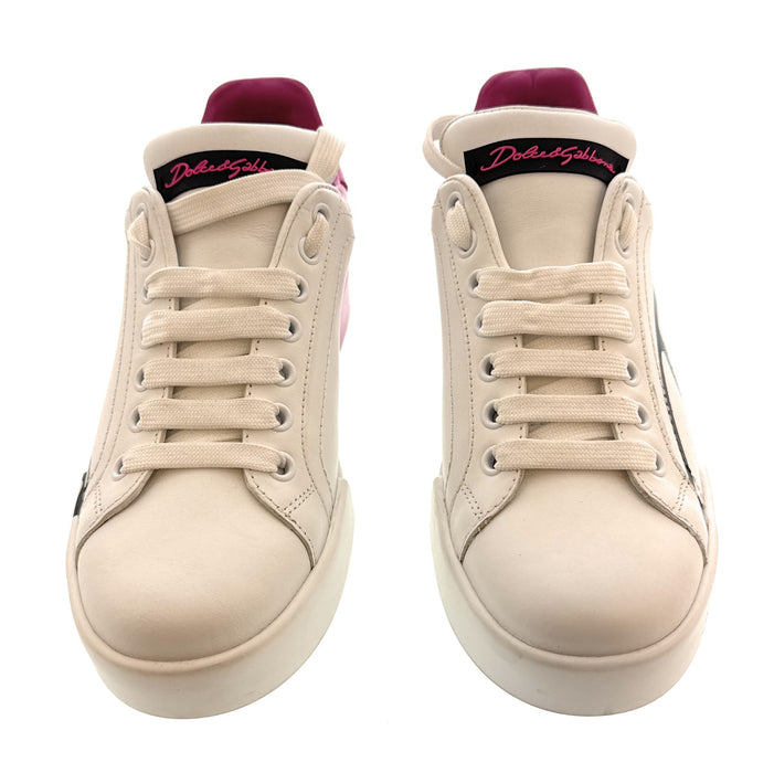 Dolce & Gabbana White Pink Graffiti Logo Leather Sneakers-EU35
