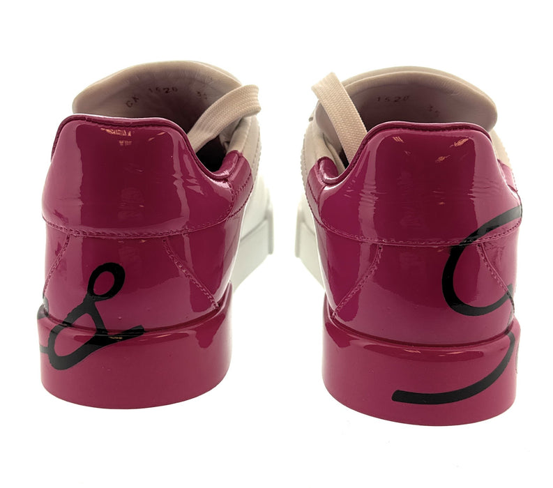 Dolce & Gabbana White Pink Graffiti Logo Leather Sneakers-EU35
