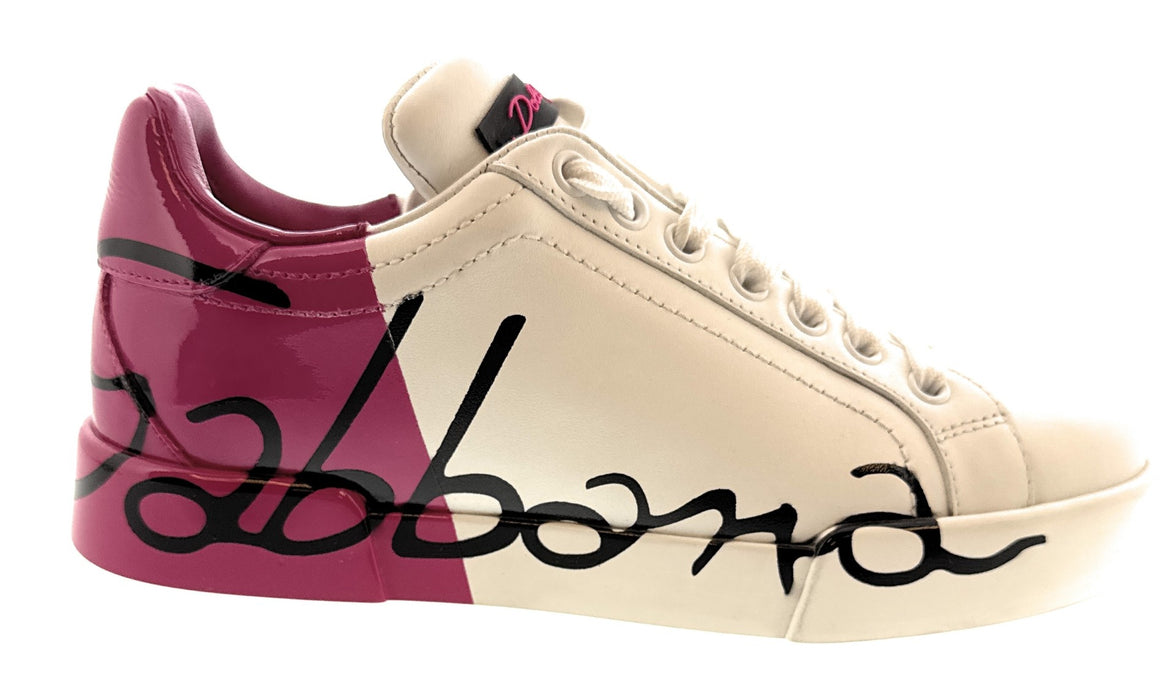 Dolce & Gabbana White Pink Graffiti Logo Leather Sneakers-EU35