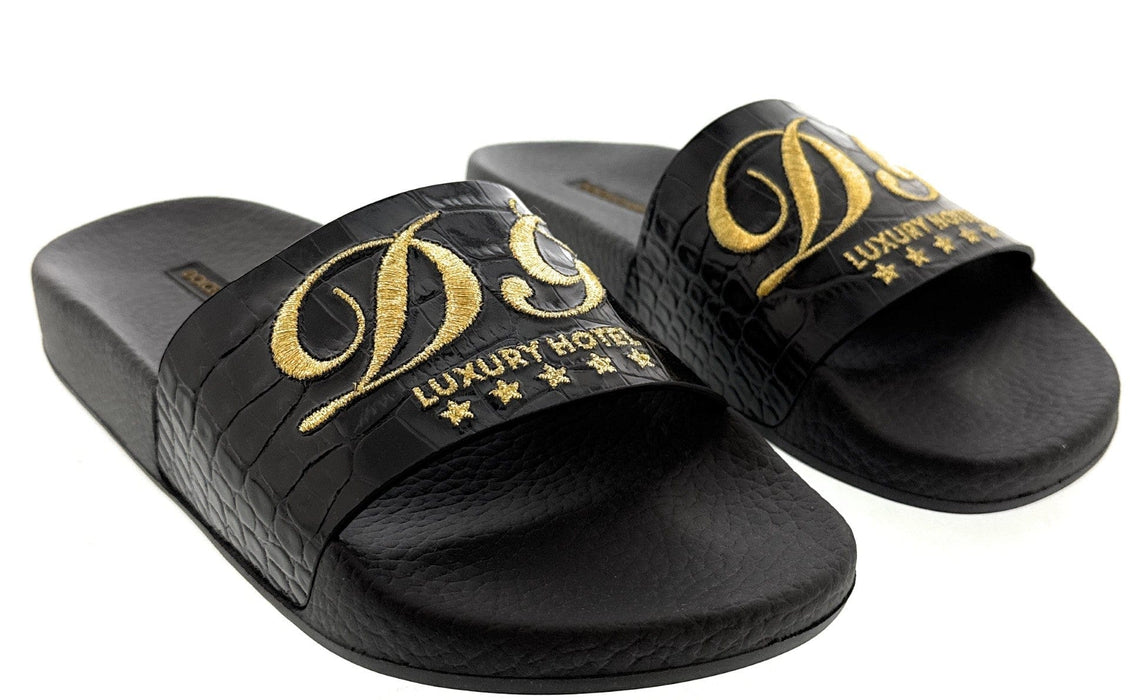 Dolce & Gabbana Black Croco Embossed Strap Pool Slide-35