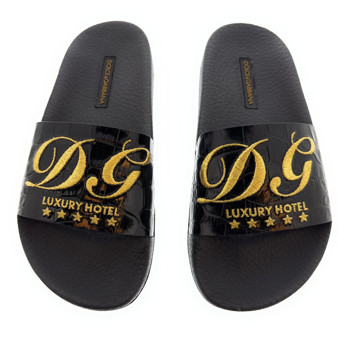 Dolce & Gabbana Black Croco Embossed Strap Pool Slide-35