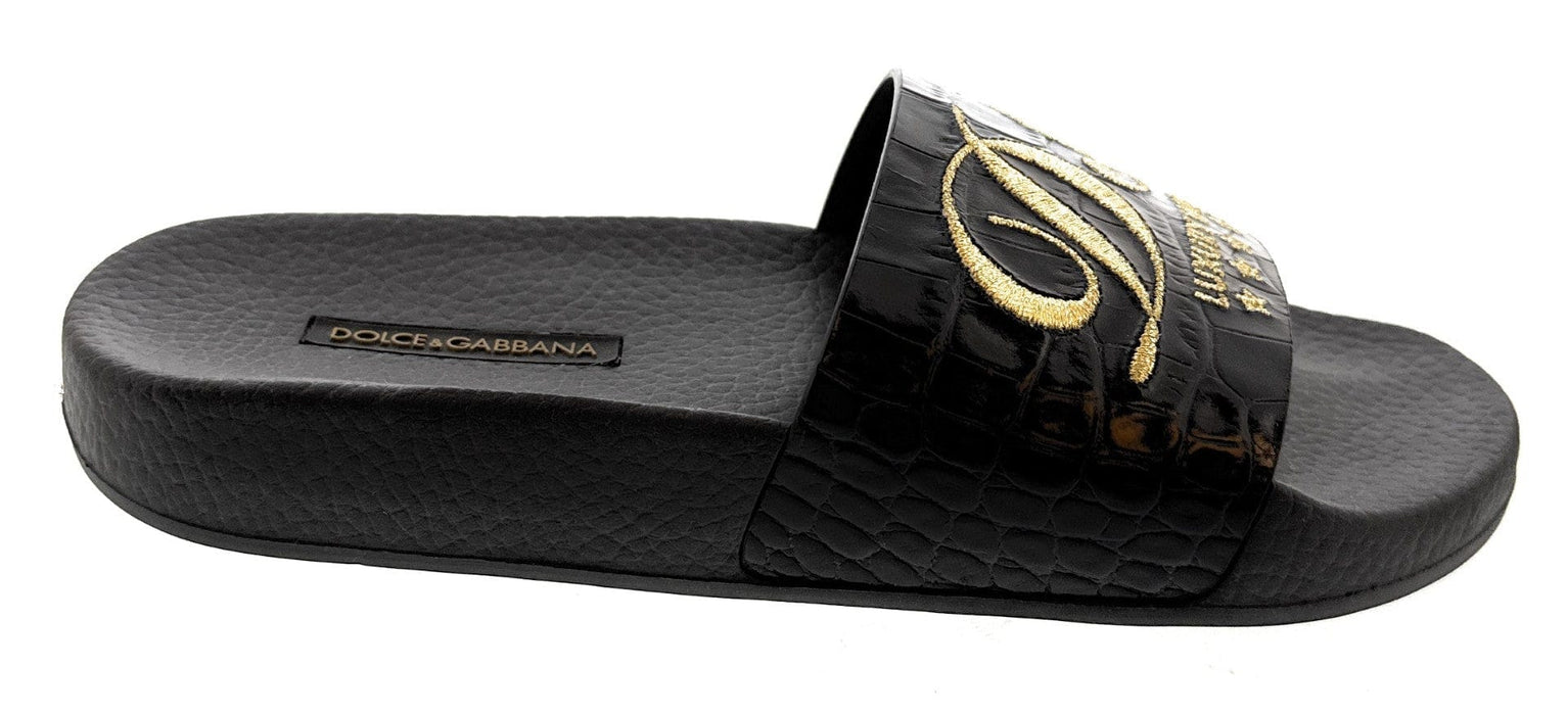 Dolce & Gabbana Black Croco Embossed Strap Pool Slide-35
