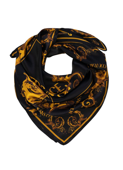Versace Jeans Couture Baroque Print Silk Scarf – Iconic Gold-on-Black Elegance
