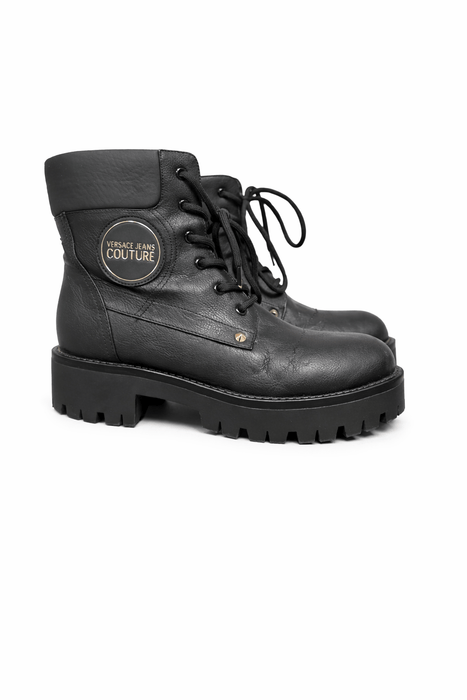 Store Return Versace Jeans Couture Black Leather Heel Lace Up Boots 10
