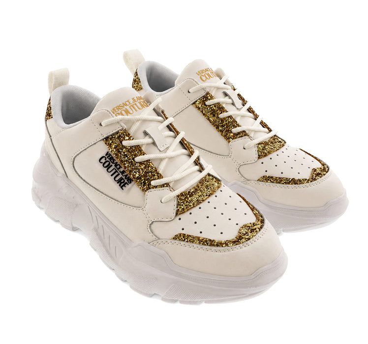 Versace Jeans Couture Womens Chunky White Sneakers with Gold Glitter Detail