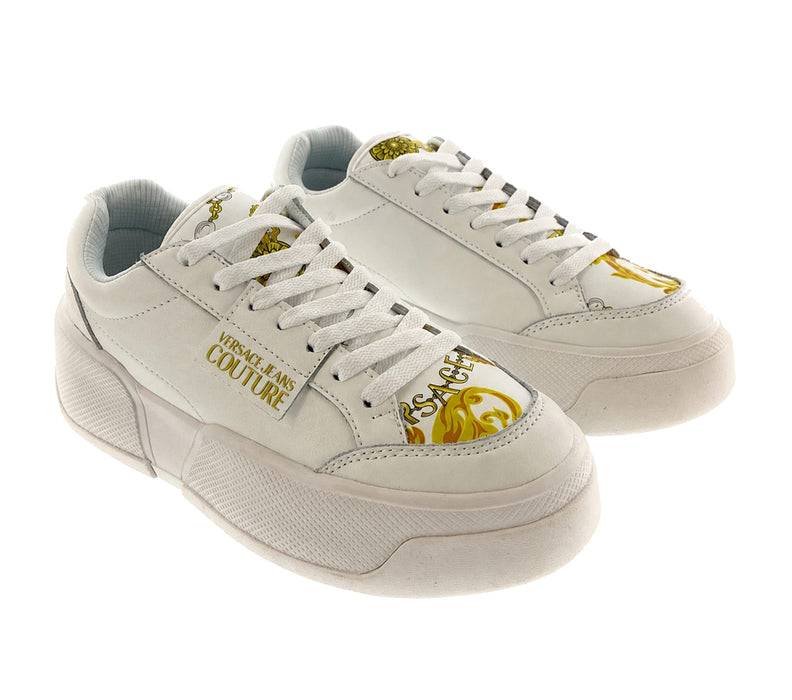Versace Jeans Couture Womens White Baroque Accent Platform Sneakers