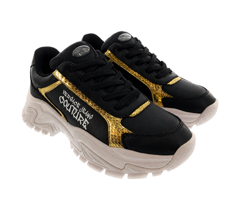 Versace Jeans Couture Womens Chunky Black & Gold Accent Sneakers with Bold Sole